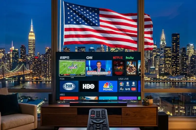Best IPTV service 2026 USA — top IPTV service providers compared showing 50,000 live channels HD 4K 8K streaming quality and pricing from $14.99 per month