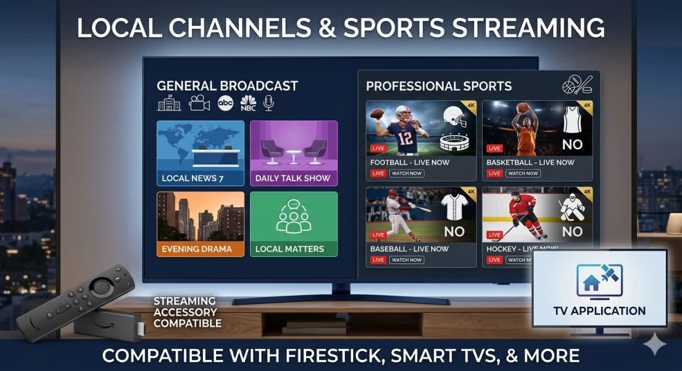 How IPTV works in America — diagram showing internet protocol television signal delivery from content source through IPTV provider servers over broadband to US viewer devices including Amazon Firestick, Smart TV and iPhone