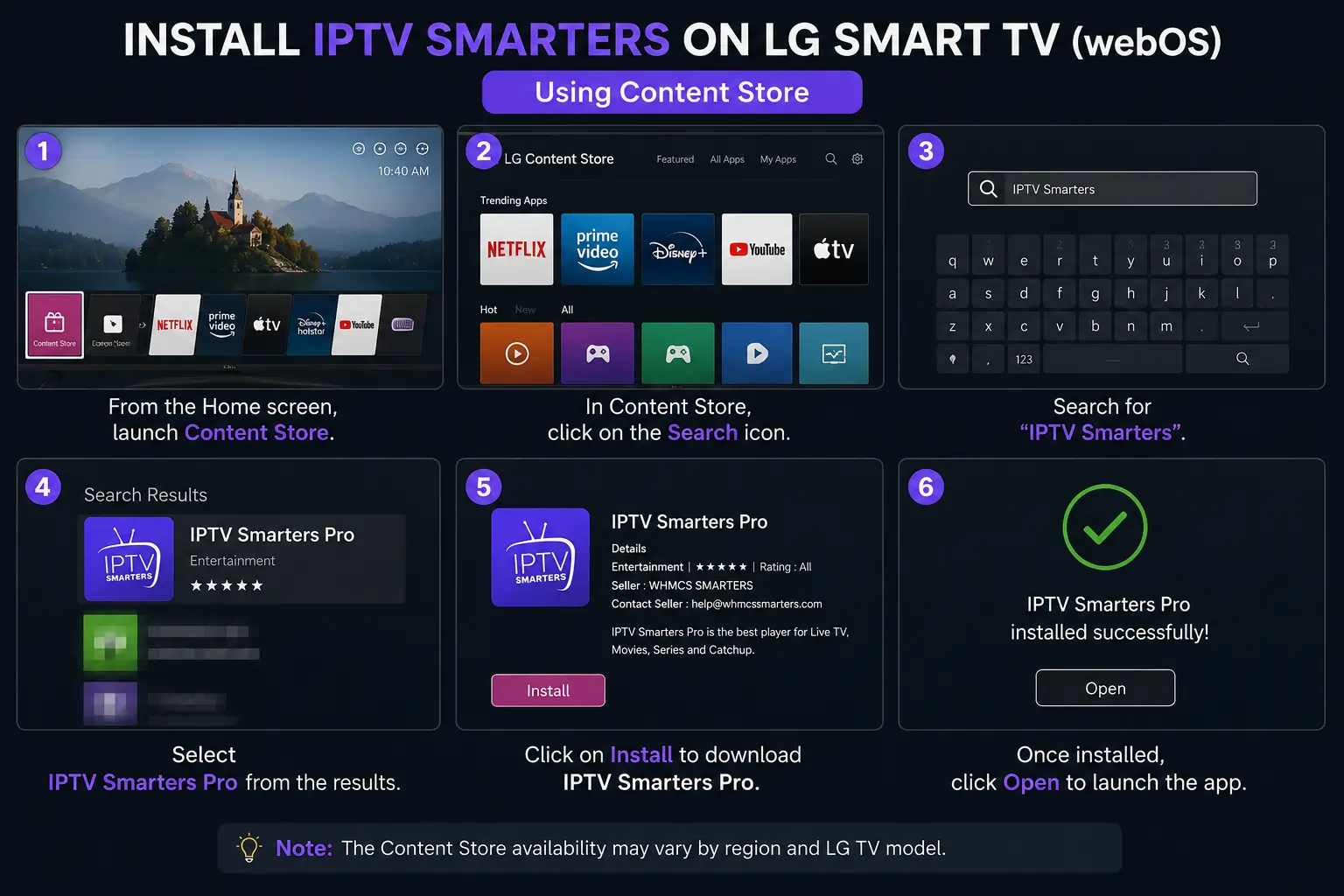 IPTV on LG Smart TV webOS — installing IPTV Smarters Pro from LG Content Store to watch live TV channels and VOD on LG OLED 4K Smart TV 2026